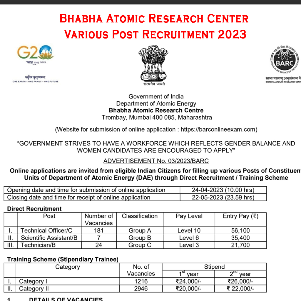 BARC Bhabha Atomic Research Center Various Post Recruitment 2023